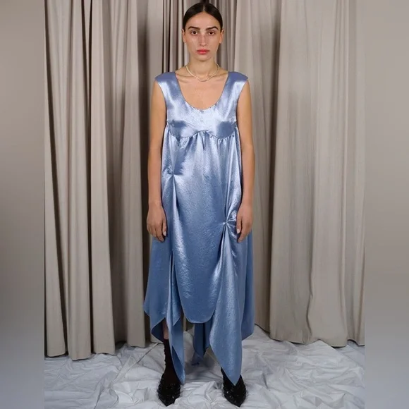 Collina Strada Dara Light Blue Satin Midi Dress Drapey Asymmetric Avant Garde - Picture 5 of 16